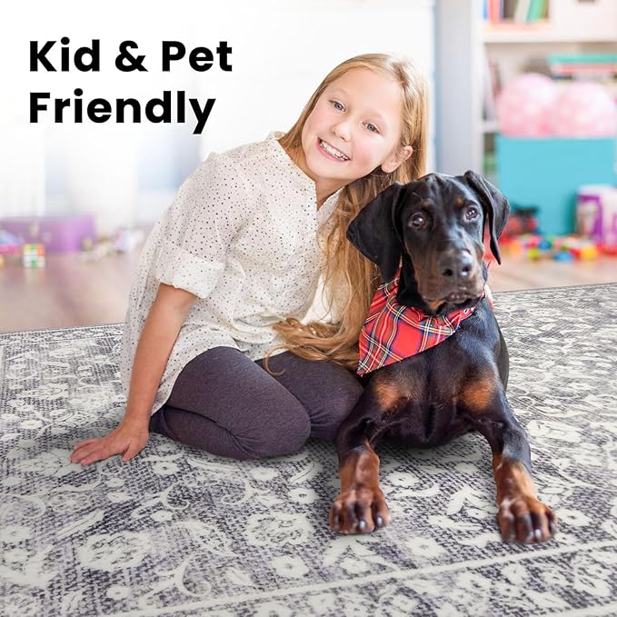 Vintage 3x5 Washable Rug for Entryway, Gray Ivory Super Soft Rug Non-Slip, Printed Faux Wool Floral 3x5 Area Rug Thin Floor Carpet for Kitchen, Bedroom, Office, Living Room