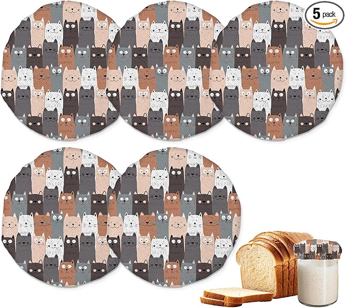 Sourdough Starter Jar Covers,5-Pack Reusable Cute Cat Gray Cats Cloth Lids for 3-4 Inch Jars,Ideal for Kombucha Kefir or Cheese Fermentation