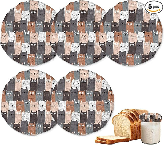 Sourdough Starter Jar Covers,5-Pack Reusable Cute Cat Gray Cats Cloth Lids for 3-4 Inch Jars,Ideal for Kombucha Kefir or Cheese Fermentation