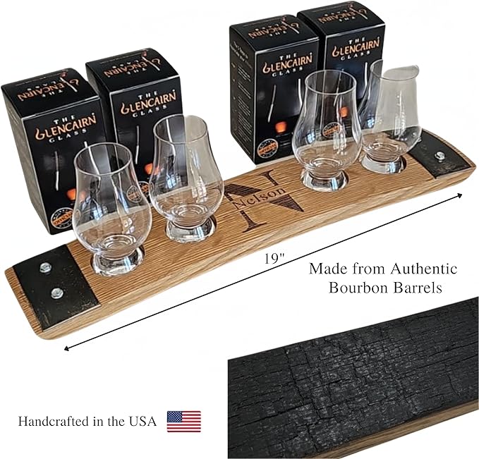 Personalized Premium 4 glass whiskey flight/engraved center/personalized gift/Crystal glass option/Natural oak color (Split Letter monogram)