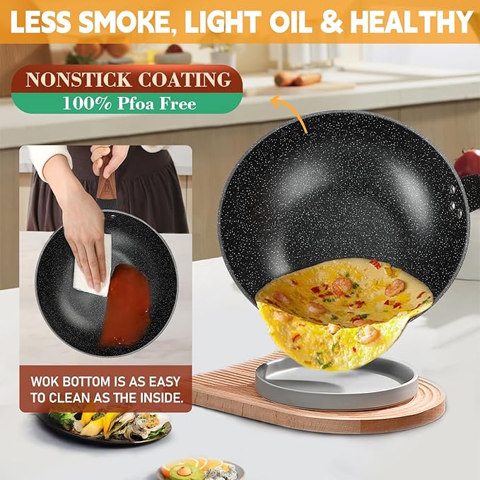 AOSION 13'' Nonstick Wok, Woks & Stir-Fry Pans Non Stick Wok with Lid and Steamer Basket Spatula Ladle, 100% PFOA Free Induction Wok Pan for Electric, Gas, Halogen, All Stoves