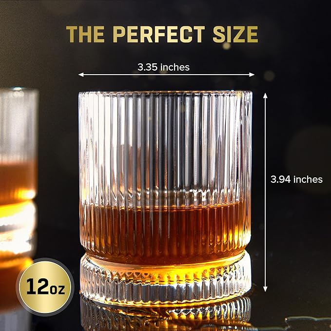 Ribbed Whiskey Glasses Set of 8, 12 Oz Lead-Free Crystal Heavy Base Barware Glass, Perfect for Bourbon Rocks Cocktail Scotch Drinking