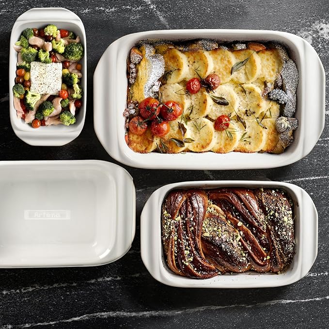 Artena Casserole Dishes For Oven, Ceramic Baking Dish, Large Lasagna Pan With Handles, Baking Pan Casserole Dish, Rectangular Bakeware Deep, White, Set Of 3 (5.1Qt/2.3Qt/1.1Qt) (Only Baking Dish)
