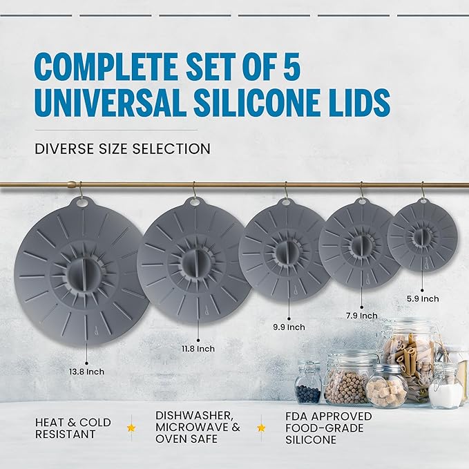 Microwave Cover Silicone Lids - Set of 5: 6, 8, 10, 12 and 13.8 inches - Suction Covers for Pots, Pans, Bowls, Cups, Skillets - Splatter Protection - Easy Food Storage - BPA Free