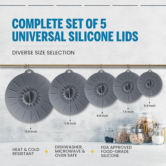 Microwave Cover Silicone Lids - Set of 5: 6, 8, 10, 12 and 13.8 inches - Suction Covers for Pots, Pans, Bowls, Cups, Skillets - Splatter Protection - Easy Food Storage - BPA Free