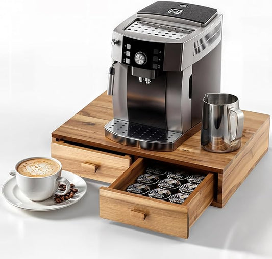 Tinamo Acacia Wood Coffee Pod Storage Box, Coffee Pods and Tea Organizer Holder, K Pod Drawer Coffee Maker Machine Stand, for K-Cup Drawer Organizer Under Brewer (Acacia, 2 drawer)