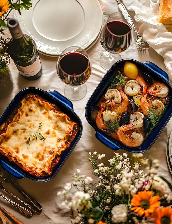 8x8 Baking Pan Ceramic Square Baking Dish Lasagna Pan with Double Handles Deep Casserole Dish for Brownie, Lasagna, Roasting and Great for Kitchen Decor (Reactive Glaze Blue)