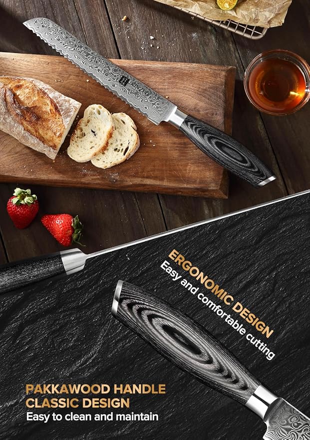 XINZUO Bread Knife 8 Inch,Professional Damascus Serrated Knife for Homemade Bread,Razor Sharp,Wide Wavy Edge for Bread, Bagels,Pizza and Cake, Gift Box Package