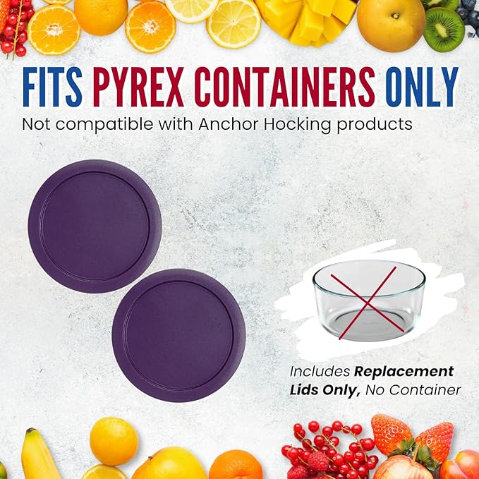 Replacement Lids for Pyrex 4-Cup Glass Food Storage Container Bowls, 6-Inch Plastic Round Lids Covers fits Pyrex 7201-PC, Airtight & Leakproof (2-Pack, Purple)