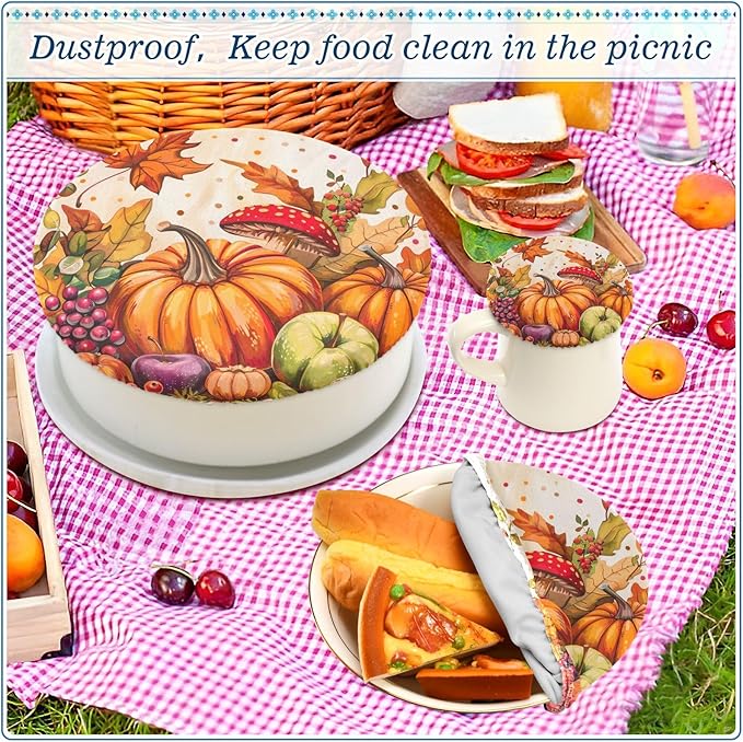 5 Pcs Bowl Covers Reusable in 5 Size Elastic Food Cover Cloth Lids Fresh Keeping Dish Cookware Bakeware Fabric Covers Lids for Food Leftovers Fruits Storage Fall Harvest Pumpkins Mushroom O