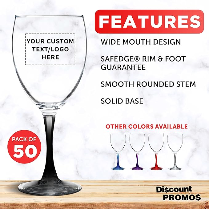 Custom Nuance Wine Glasses by ARC 10.5 oz. Set of 50, Personalized Bulk Pack - Restaurant Glassware, Perfect for Red Wine, White Wine, Cocktails - Black
