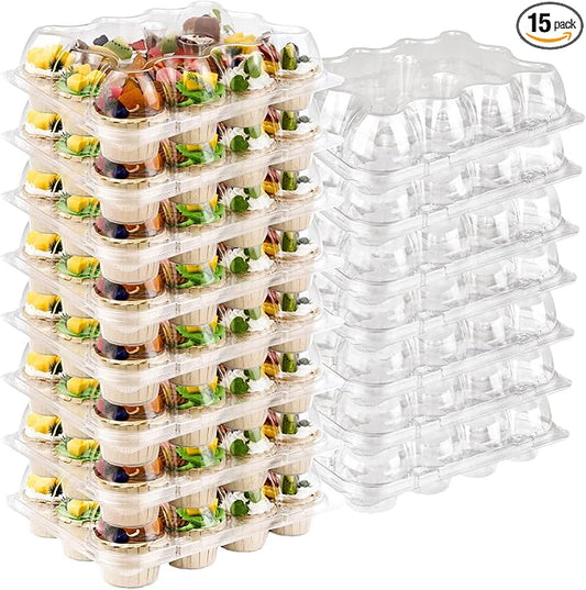 TWOWYHI 12 Counts x 15 Sets Cupcake Containers 12 Count Cupcake Boxes Plastic Cupcakes Carrier Holders for Clear Plastic Disposable Cupcakes Containers with Detachable Tall Lid