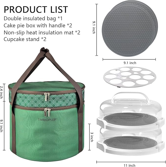 2 Pack Pie Carrier with Lids and Handles, Loadable Cupcake or Pizza Storage Containers, Includes Insulated Bags and Insulated Non-Slip Pads, Perfect for Transportation (Green)