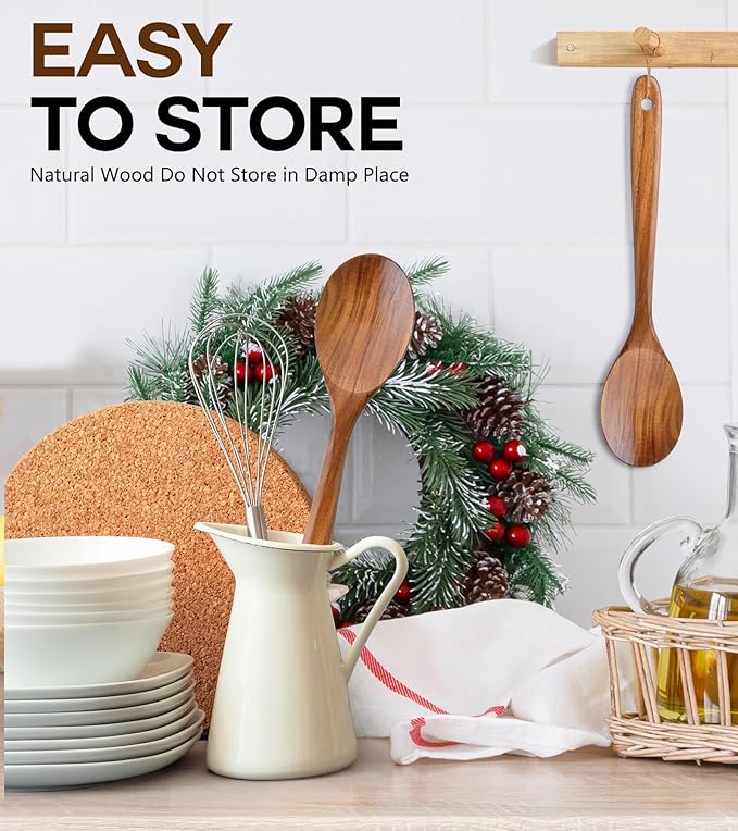 Wooden Spoons for Cooking, Natural Premium Teak Wooden Spoons, Good Grip Large Cooking Spoons and Wooden Spatula, Heat Resistant Wooden Cooking Utensils for Nonstick Cookware Serving, Perfect Gifts