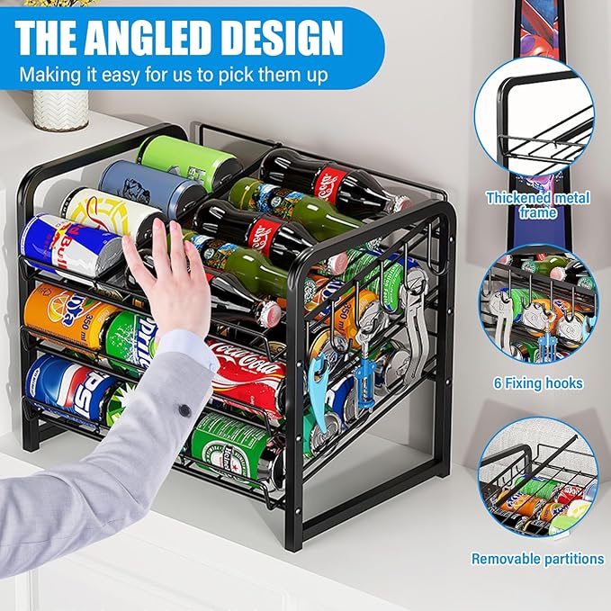 6-Tier Stackable Can Rack Organizer for Pantry, Adjustable Can Dispenser Holds Up to 60 Cans, with 12 hooks, Can Storage Holder for Various Ounces of Canned Food Soda Drinks, Black, 2 Pack