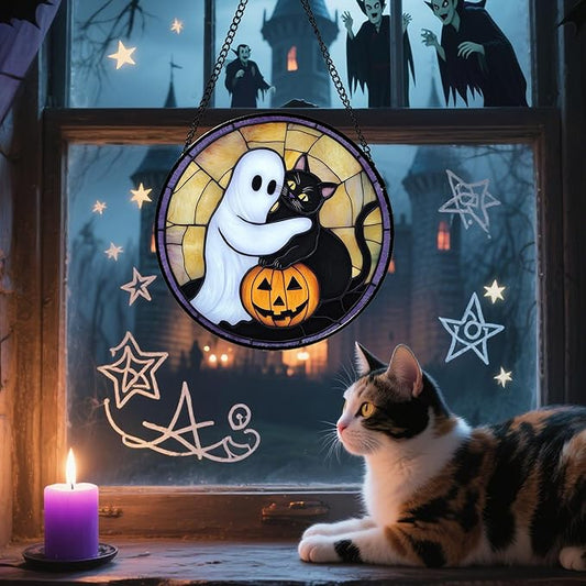 Stained Glass Window Hanging - Halloween Decorations Cute White Ghost Black Cat Suncatcher for Doors Garden Spooky Sun Catchers Gothic Decor Horror Gifts for Women Men Friend Boy 15 in