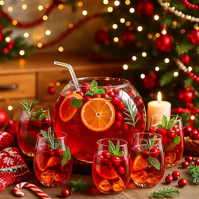 Glass Punch Bowl Set Christmas Party Bowl Set with 6 Punch Cups and Ladle Heavy Large for Parties, Holidays, Schools, Christmas for Centerpiece Table Decorations