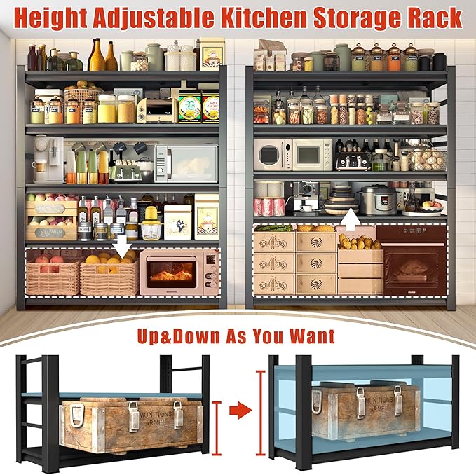 Adjustable Kitchen Organizers and Storage Shelves - Freestanding Microwave Stand - 5 Tier Bakers Rack for Pantry Appliance Storage, Space-Saving Metal Shelving