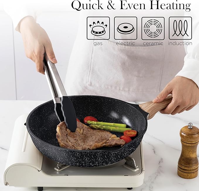 Country Kitchen Pots and Pans Set Nonstick, Cast Aluminum Kitchen Cookware Set with Utensils, 14 Pcs Non Stick Cooking Set w/Frying Pans & Saucepans, Black