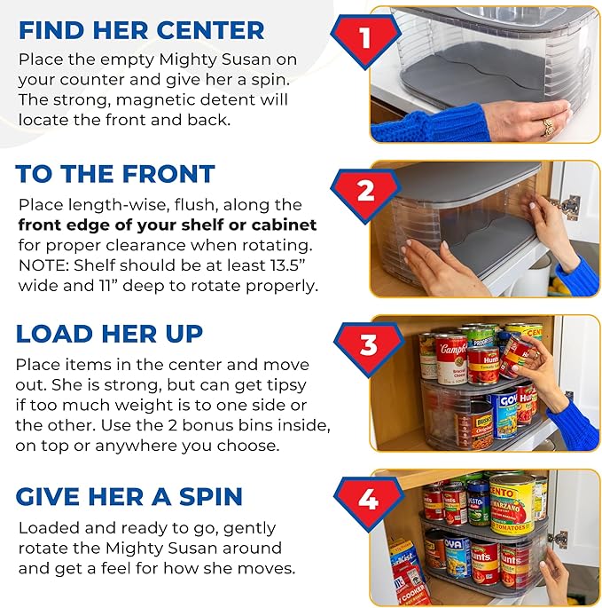 Mighty Susan Kitchen Organizer for Canned Goods: 2-Tiered Robust Turntable Organizer for Cabinet/Pantry. Steel Reinforced Holds Up To 30 lbs. Rotates 360° for Maximum Visibility. Includes 2 Bonus Bins
