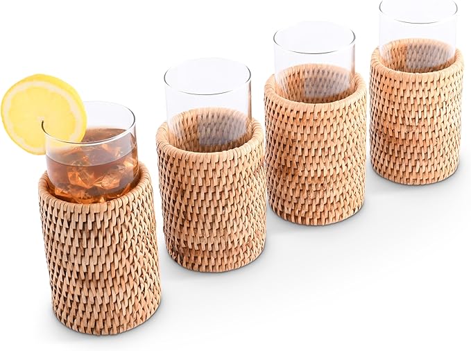 Vagabond House Natural, Removable Glass Water/Juice Glasses Set of 4, Handmade, Tall 6 Inches, Perfect for Kitchen and Home, Covered with Hand Woven Wicker Rattan