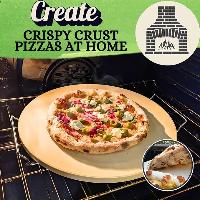 16 inch Round Pizza Baking Stone - Large Pizza Stone for Grill with Handles and Dough Tool - Baking Stone for Bread - Pizza Making Accessories - Cooking Gifts for Food Lovers