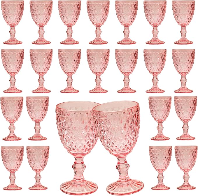 24 Pcs Vintage Wine Glasses, 10 Ounce Colored Glass Water Goblets, Unique Embossed Pattern High Clear Stemmed Glassware Wedding Party Bar Glass Drinking Cups, Diamond Pink Glasses Set of 24