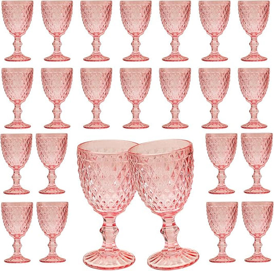 24 Pcs Vintage Wine Glasses, 10 Ounce Colored Glass Water Goblets, Unique Embossed Pattern High Clear Stemmed Glassware Wedding Party Bar Glass Drinking Cups, Diamond Pink Glasses Set of 24