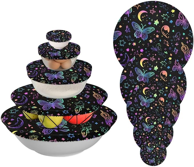 5 Pcs Bowl Covers Reusable in 5 Size Elastic Food Cover Cloth Lids Fresh Keeping Dish Cookware Bakeware Fabric Covers Lids for Food Leftovers Fruits Storage Neo-color Butterflies Moon Stars