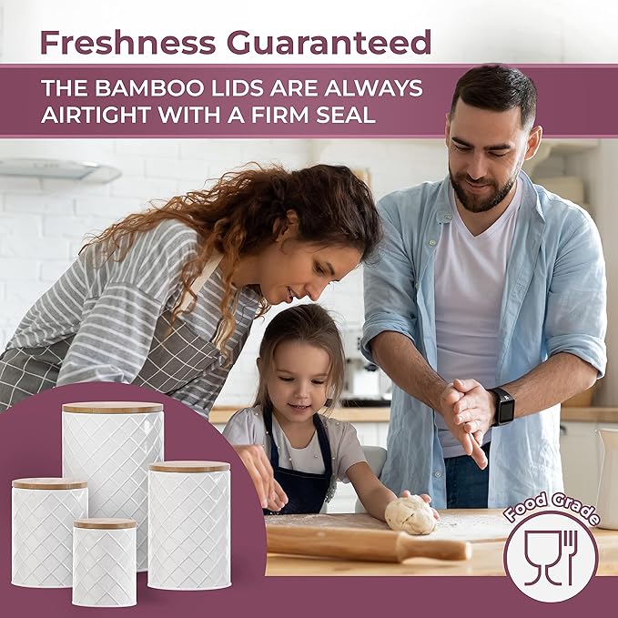 Pebble & Stem® White Metal Canister Set for the Kitchen Counter, Food Canister Set of 4, Airtight Lids, Sugar and Flour Containers for Countertops, Coffee and Tea Storage, Farmhouse Decor