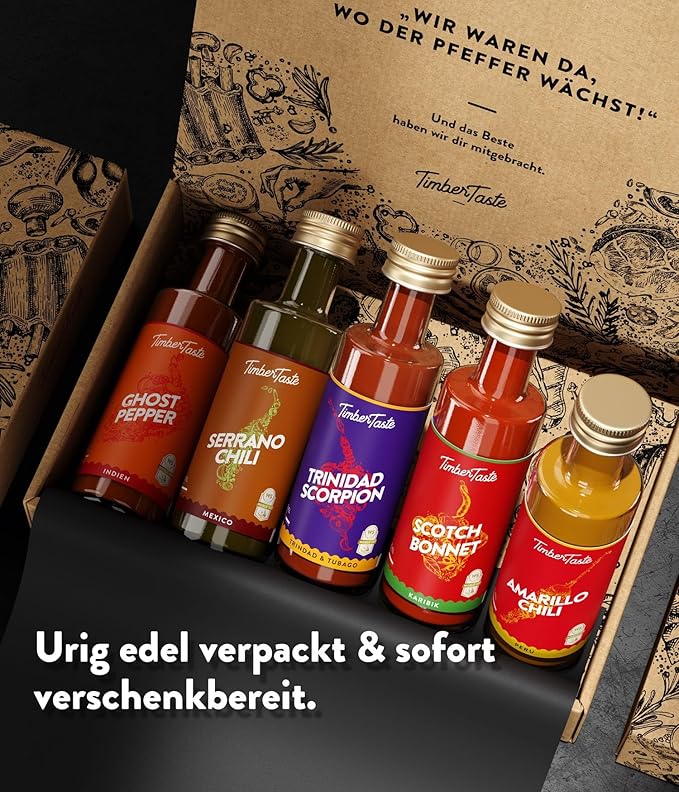 TIMBER TASTE® World Hot Sauce Gift Set [5x1.35 oz] Hot Sauce Variety Pack - Spicy Condiment Set for Heat Lovers in Mini Bottles - Gourmet Spicy Food Gifts for Women & Men - Birthday Gifts for Men