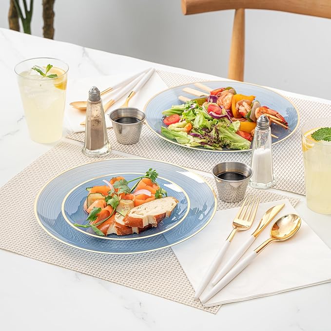 Restaurantware Plastic Plates 40 Pcs 7.13" and 10" Combo Gold Rimmed Plate Set Disposable Heavy-Duty Blue Translucent Rippled Plastic Dinner Servers for Party, Weddings, Salads, Desserts