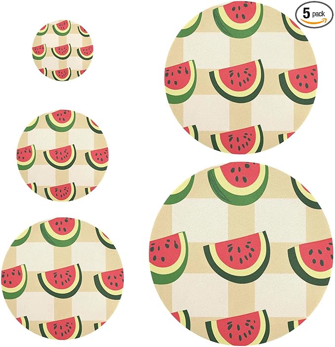 5 Pcs Bowl Covers Reusable in 5 Size Elastic Food Cover Cloth Lids Fresh Keeping Dish Cookware Bakeware Fabric Covers Lids for Food Leftovers Fruits Storage Cute Watermelon Slices Checkered