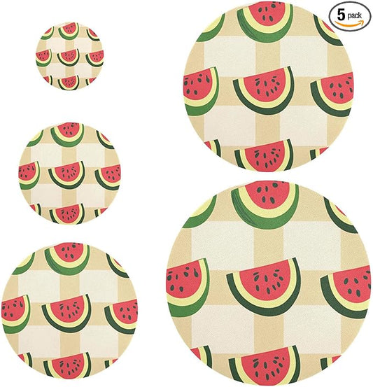 5 Pcs Bowl Covers Reusable in 5 Size Elastic Food Cover Cloth Lids Fresh Keeping Dish Cookware Bakeware Fabric Covers Lids for Food Leftovers Fruits Storage Cute Watermelon Slices Checkered