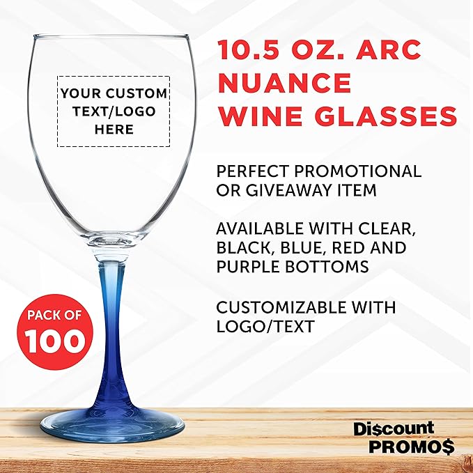Custom Nuance Wine Glasses by ARC 10.5 oz. Set of 100, Personalized Bulk Pack - Restaurant Glassware, Perfect for Red Wine, White Wine, Cocktails - Blue