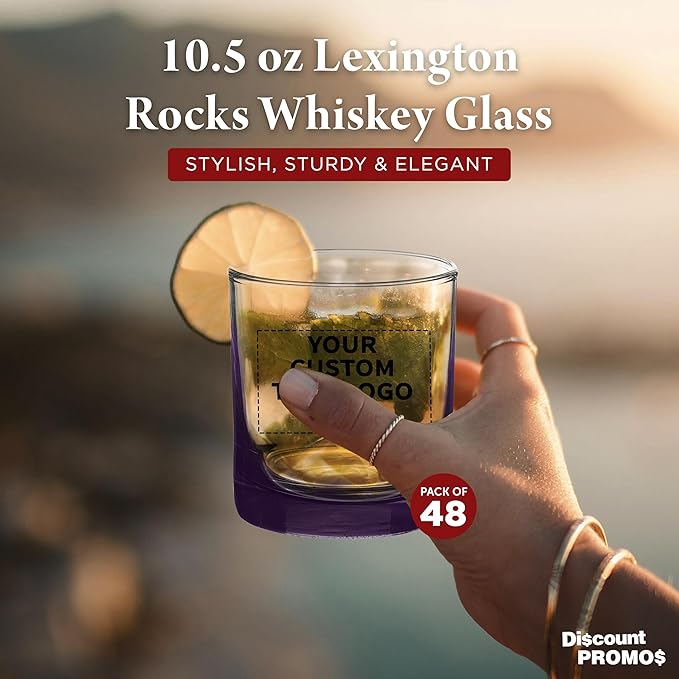 Custom Lexington Rocks Whiskey Glass 10.5 oz, Set of 48, Personalized Bulk Pack - Perfect for Scotch, Bourbon, Whiskey, Cocktail - Purple