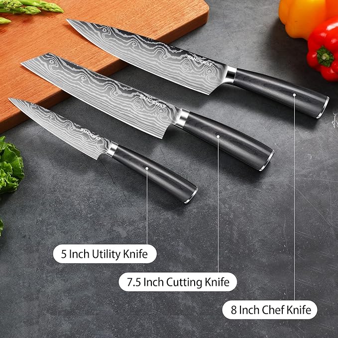 3 Piece Japanese Knife Set,Ultra Sharp Chef Knife Kitchen Cooking Knife Paring Knife German High Carbon Stainless Steel with Sheaths Wooden Handle for Home Outdoor Gift Idea