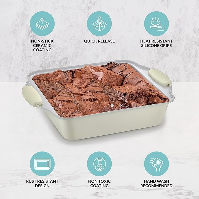 Boxiki Kitchen 8x8 Baking Pan - Non Stick Ceramic Square Cake Pan for Oven - Brownie Pan with Silicon Handle, Durable & Warp Resistant