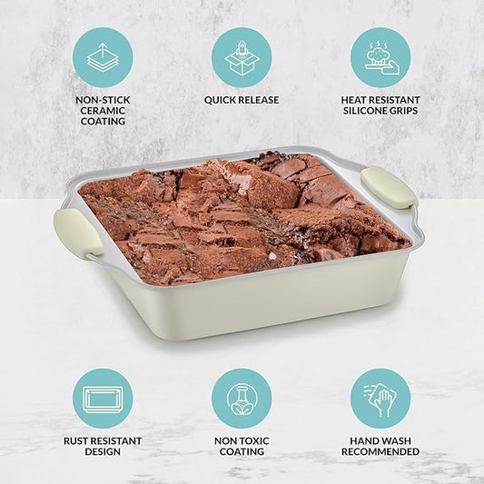 Boxiki Kitchen 8x8 Baking Pan - Non Stick Ceramic Square Cake Pan for Oven - Brownie Pan with Silicon Handle, Durable & Warp Resistant