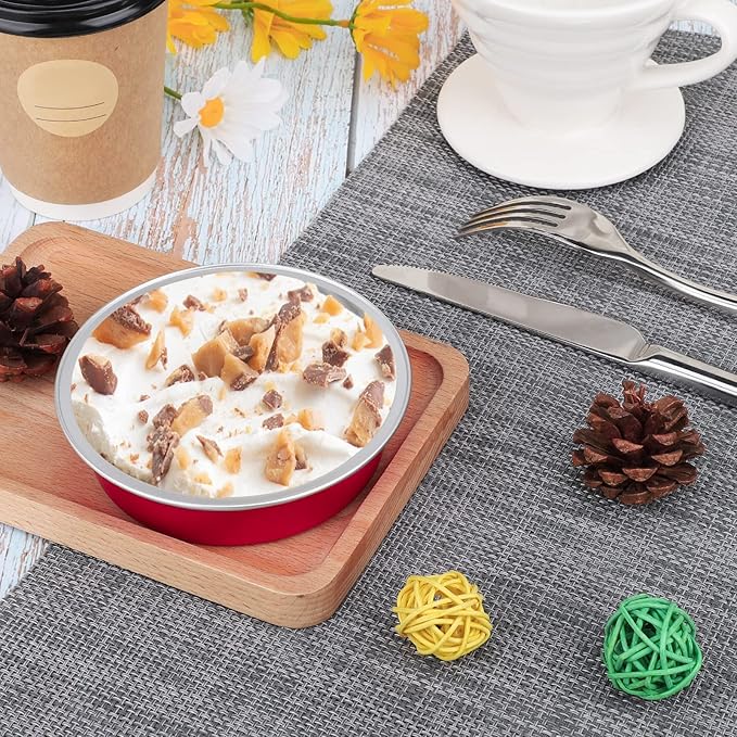 Beasea Disposable Mini Pie Tins with Lids, 50 Pack 4” 8oz Bright Red Aluminum Baking Foil Tins Small Round Tart Container for Individual Dessert Cupcake Muffin Cheesecake Ramekin Quiche Oven Dishes