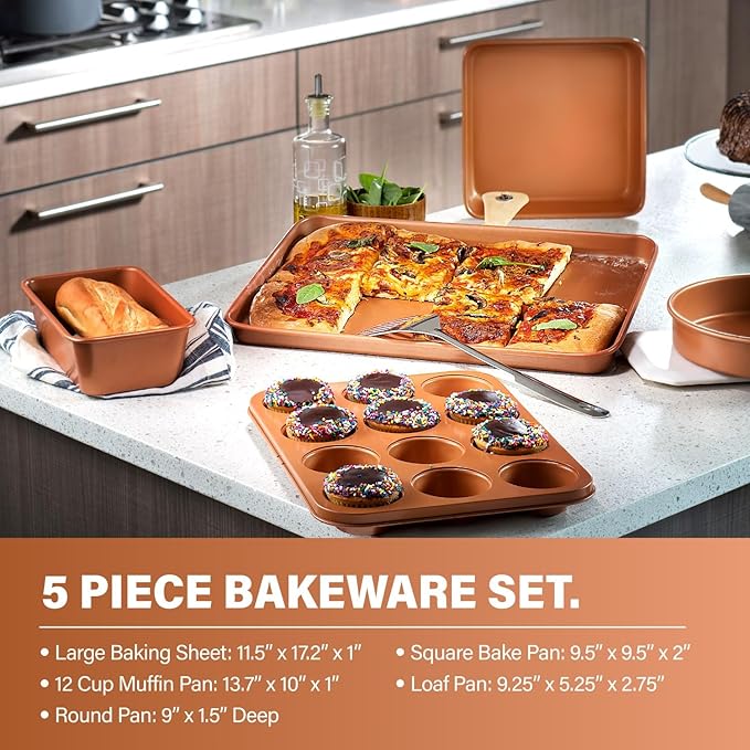 Gotham Steel Hammered 15 Pc Ceramic Cookware Set Nonstick, Deep Copper Pots and Pans Set Non Stick with Bakeware & Deep Fry Pan, Non Toxic PFOA PFOS Free, Induction Oven and Dishwasher Safe