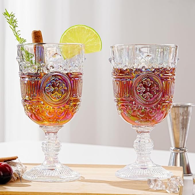 Sungmor Vintage Iridescent Wine Glasses – Set of 2 Embossed Goblets, 10 oz Decorative Glassware for Wine, Water, or Cocktails – Elegant Clear Drinking Glasses, Wedding & Party Drinkware