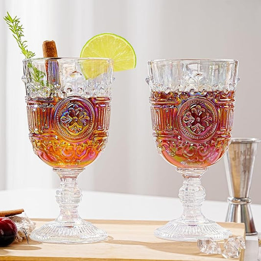 Sungmor Vintage Iridescent Wine Glasses – Set of 2 Embossed Goblets, 10 oz Decorative Glassware for Wine, Water, or Cocktails – Elegant Clear Drinking Glasses, Wedding & Party Drinkware
