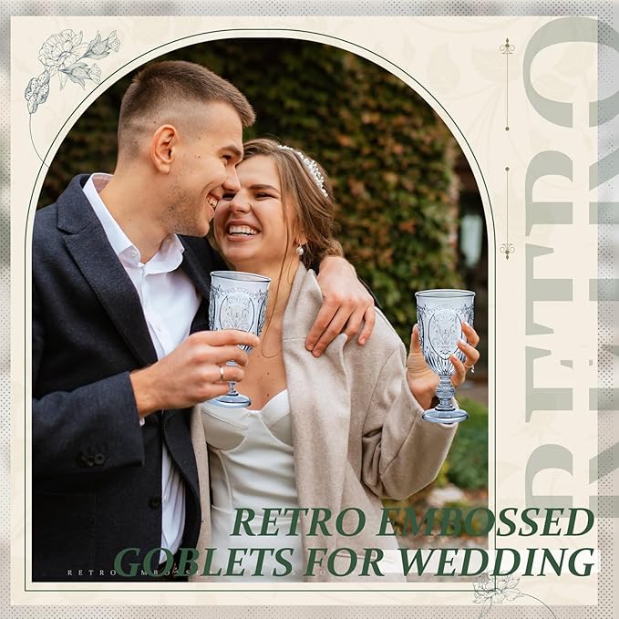 6 Pcs Plastic Goblets 7.5oz Vintage Goblet Plastic Wine Glasses Colored Retro Embossed Water Goblets for Wine Bar Juice Baby Shower Wedding Reception Grand Event Party (Blue)