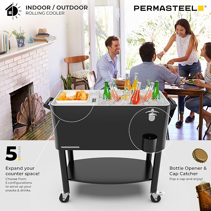 Permasteel 80 Quart Party Cooler, Rolling Ice Chest with Wheels and Handles for Indoor Outdoor Patio
