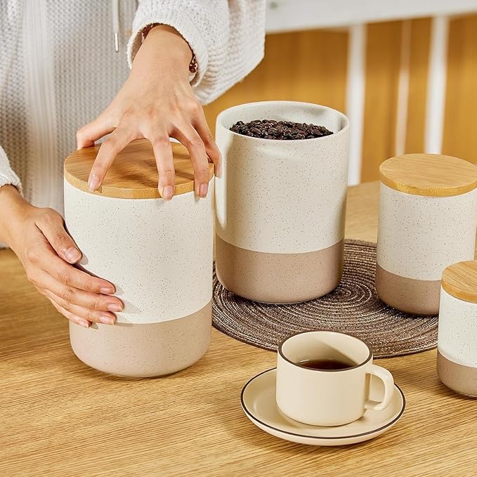 Yangbaga Canister Sets for Kitchen Counter, 80 OZ Large Ceramic Food Storage Jars with Airtight Wood Lids, Large Kitchen Canisters for Coffee, Sugar, Tea, Flour, Spice