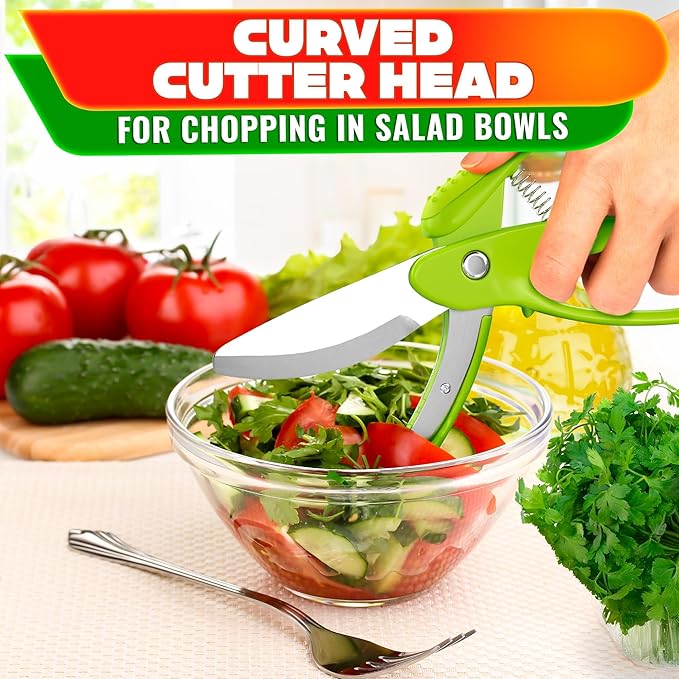 Salad Scissors for Chopped Salad – Multiblade Food Scissor Chopper With Spring-Loaded System & Anti-Slash Head for Fast Double Cutting – 8.9" Handy Size Lettuce Chopper, Stainless Steel Blades