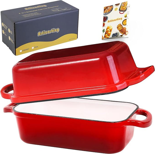 Cast Iron Bread Loaf Pan with Lid, 2 In 1 Loaf Pans for Baking Bread 9x5, Enameled Bread Pans for Homemade Bread, Sourdough, Even Heating Bread DutchOven, Red