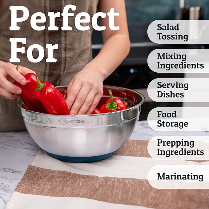 Priority Chef Stainless Steel Mixing Bowls with Lids Set - Premium 30Pcs with 6pc Metal Bowl Set for Kitchen, 3 Graters, Airtight Lids, Non-Slip Bases & Silicone Utensils, Blue