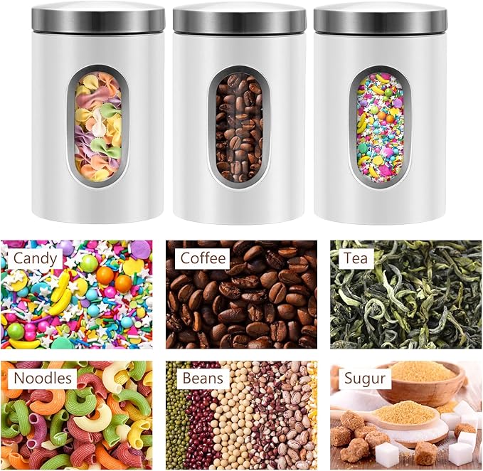 Canisters Sets for the Kitchen, 3pcs Sugar Flour Tea Coffee Storage Jars Stainless Steel Food Container Organizer for Kitchen Counter with Transparent Window (white)